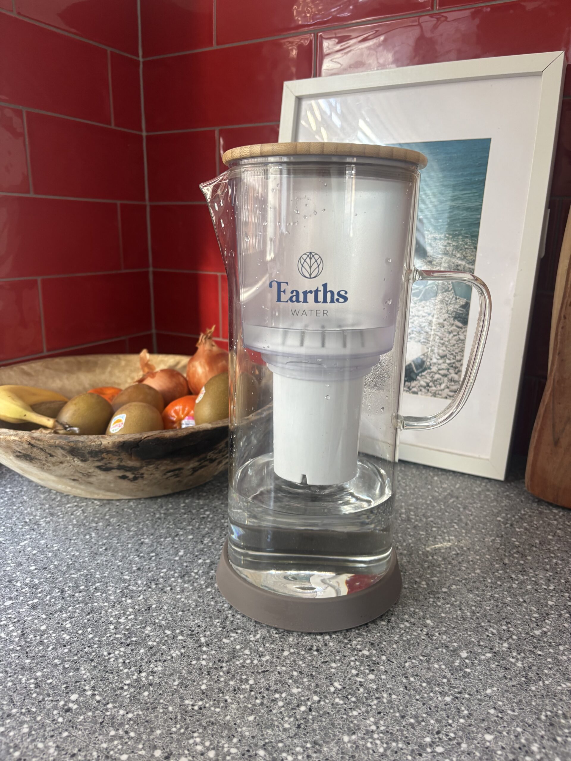 Earths Water 3.5L glass carafe on kitchen bench at Palm Beach QLD