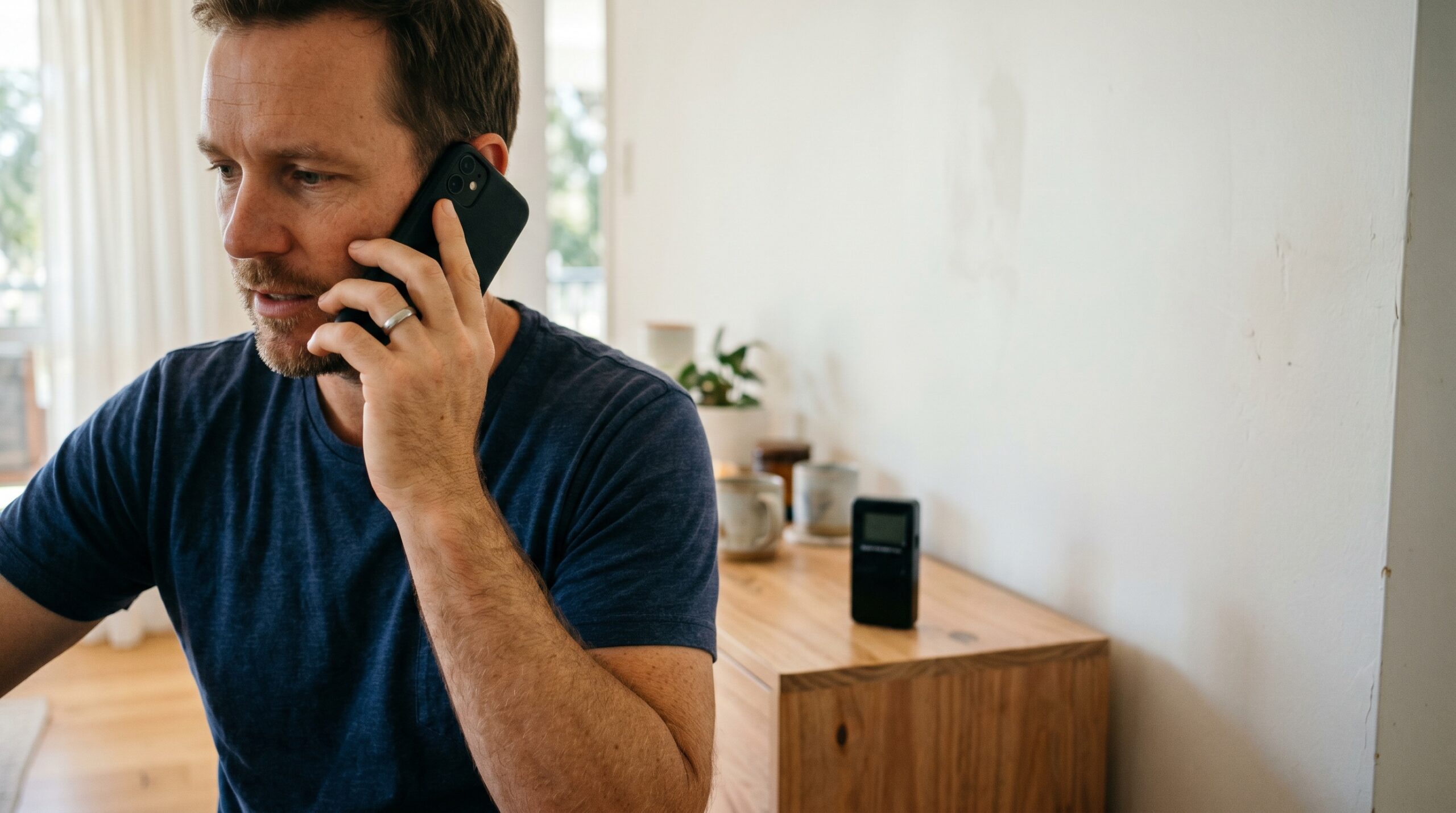 Person on mobile phone pressed to ear at 0 cm distance -- the real source of RF exposure in Australian homes -- with EMF meter visible in background