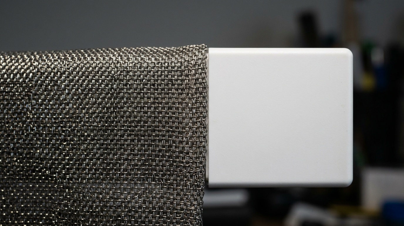 EMF shielding fabric versus passive plastic device -- conductive metallic mesh on the left physically blocks electromagnetic radiation through reflection, while smooth plastic on the right has no conductive properties and cannot interact with EMF in any way