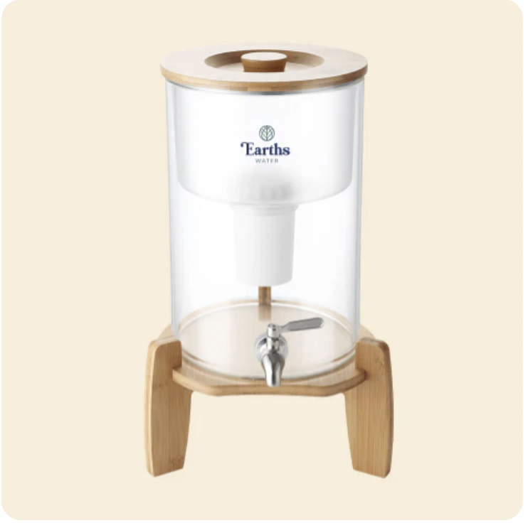 Earth's Water 9L Glass Benchtop Alkaline Water Filter bamboo stand