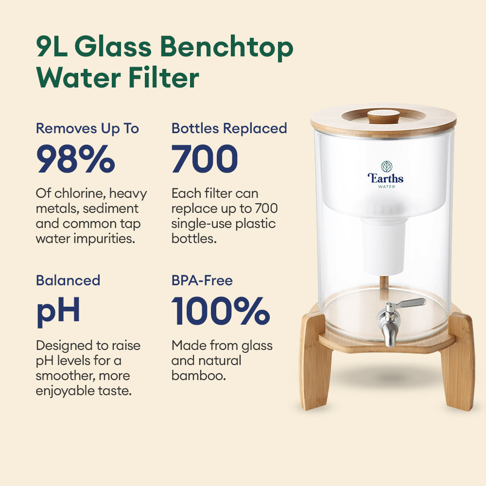 Earth's Water 9L Glass Benchtop alkaline water filter with bamboo base