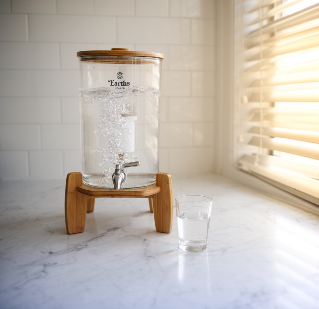 Earth's Water 9L glass benchtop alkaline water filter with bamboo stand on white marble kitchen bench with morning sunlight