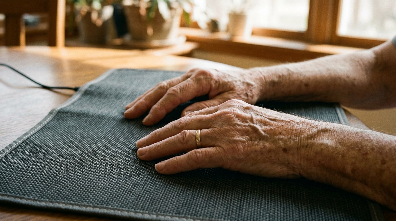 Arthritic hands on a grounding earthing mat -- direct skin contact with the conductive mat surface enables electron transfer, the proposed mechanism for anti-inflammatory effects