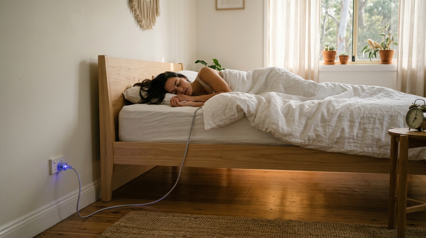 Photorealistic depiction of biological earthing -- grounding cord running from bed sheet to Australian 3-pin wall socket with subtle blue electron flow visualization