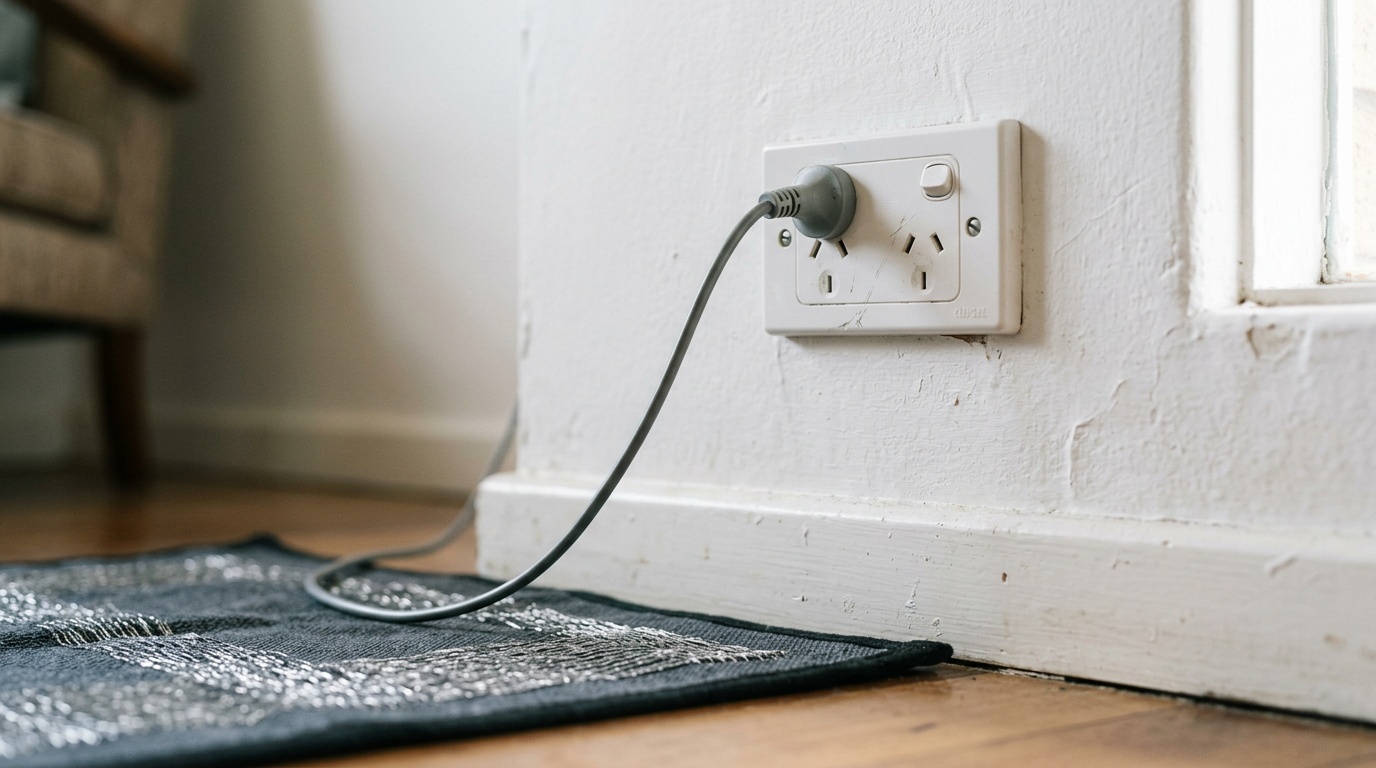 Grounding mat cord connected to the earth pin of an Australian Type I wall outlet -- how earthing mats connect to the building earth
