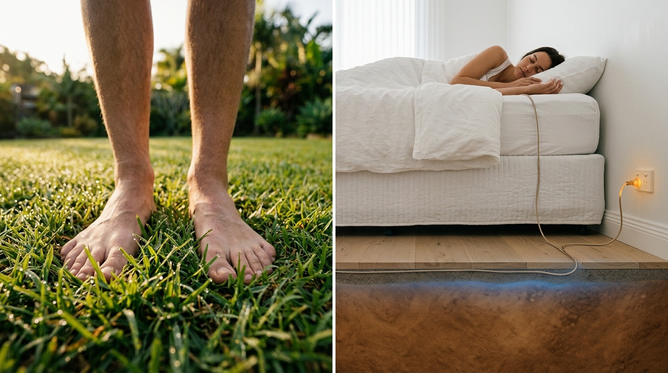 Left: bare feet on morning grass -- direct outdoor earthing. Right: grounding sheet on bed with cord to Australian 3-pin socket -- same electrical mechanism, delivered during 6-8 hours of sleep.