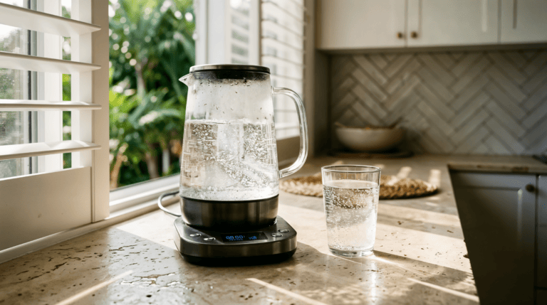 HolyH2O 2L hydrogen water pitcher with stainless steel base on Queensland kitchen bench