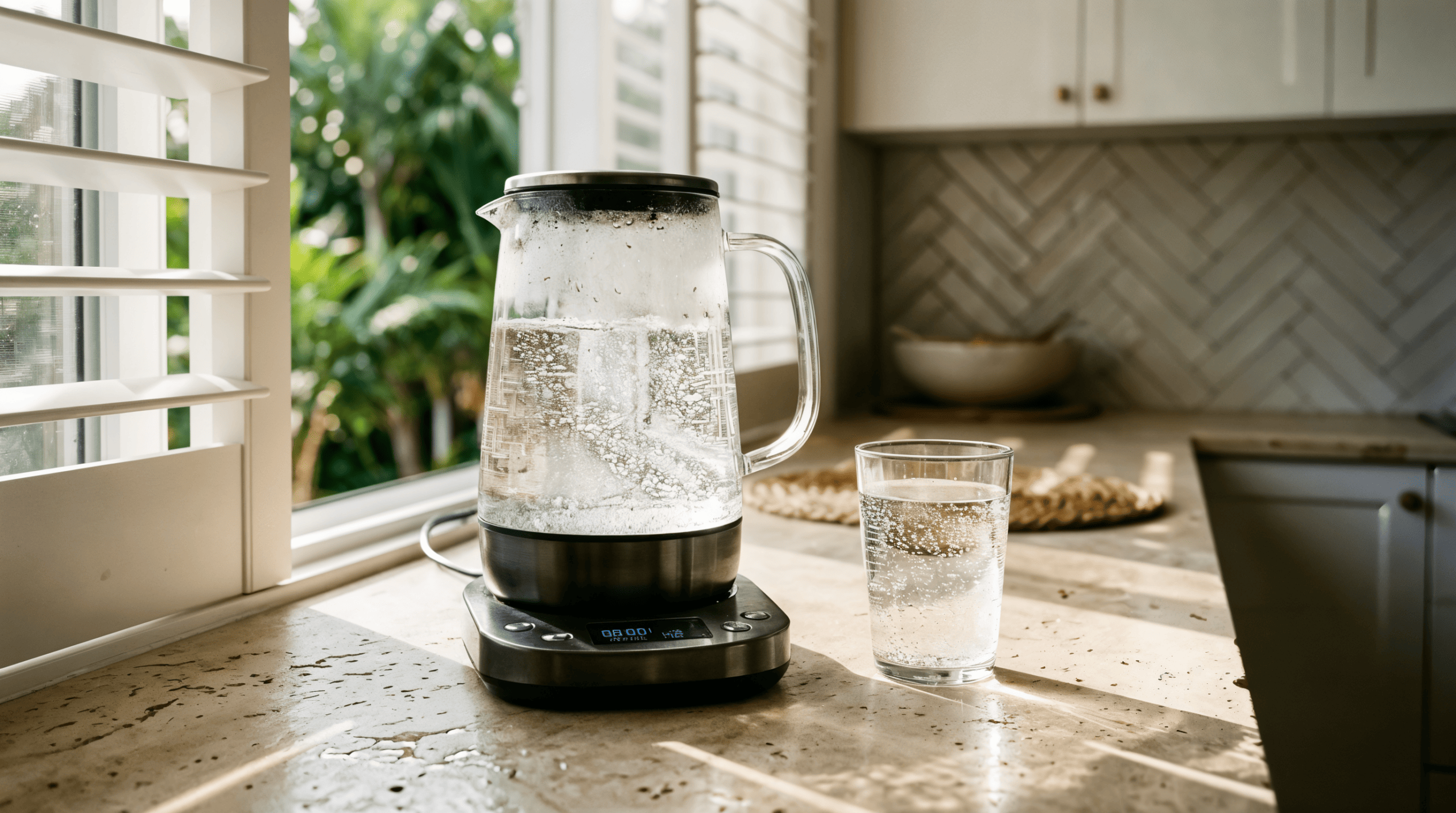 HolyH2O 2L hydrogen water pitcher with stainless steel base on Queensland kitchen bench