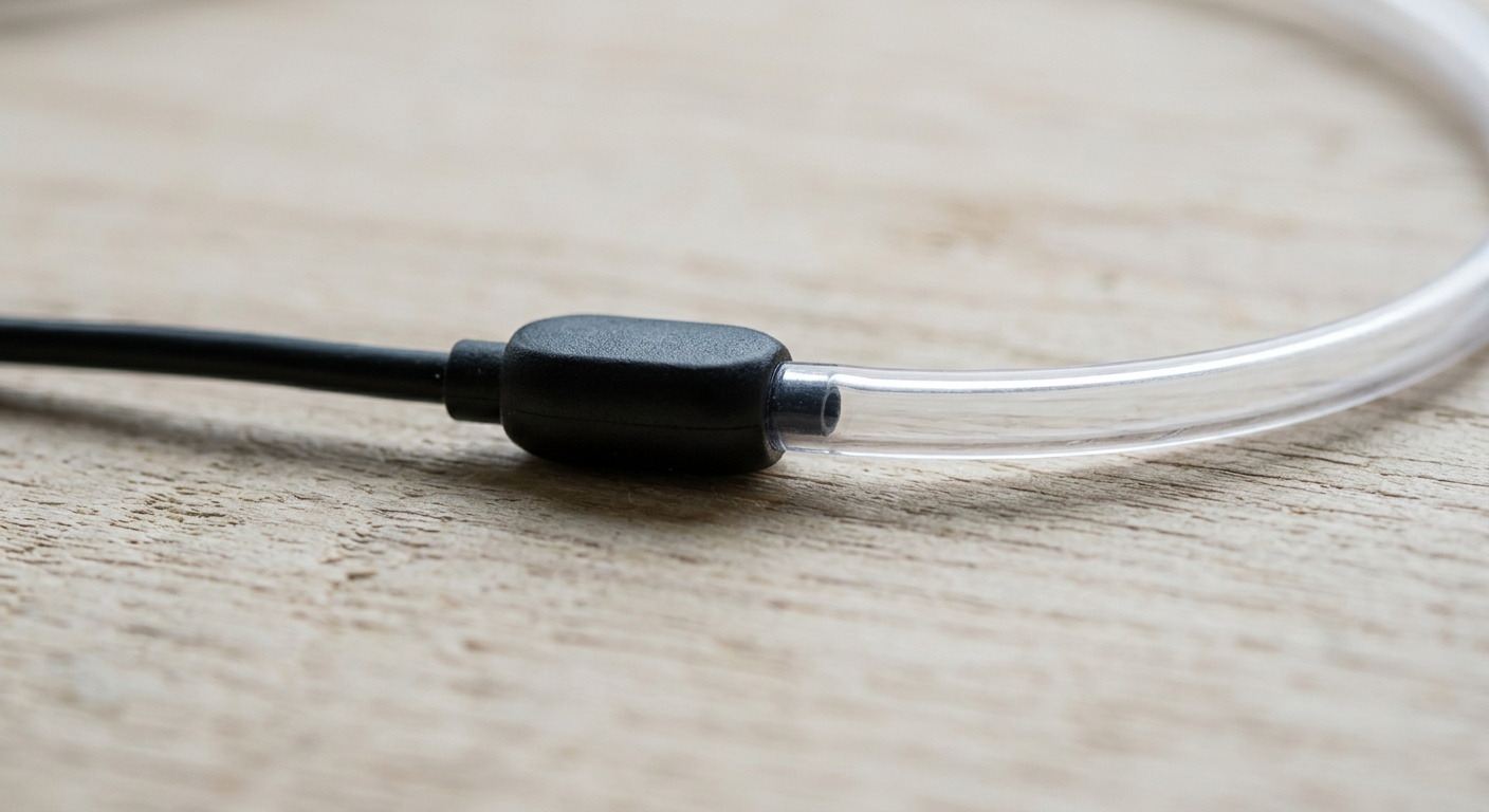 How air tube headphones work: wire section (conducting) connects to junction housing, hollow transparent acoustic tube (non-conducting) carries sound to ear