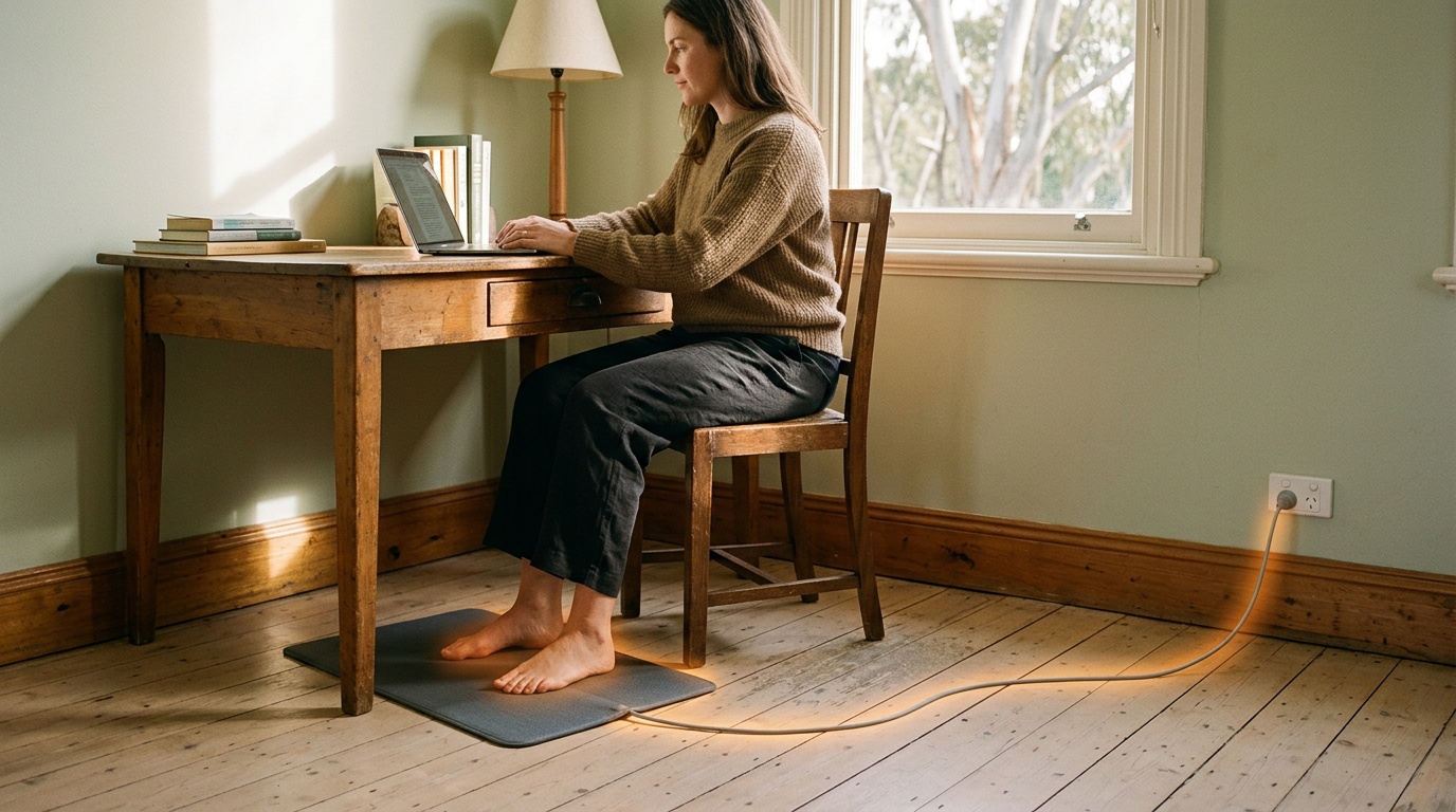 How earthing and grounding works: person seated with bare feet on conductive mat, cord running along skirting board to Australian wall outlet, free electrons flowing from the earth through the building earth terminal, along the cord, through the mat and into the body -- the complete electron transfer pathway