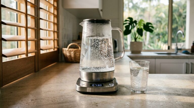 HolyH2O Hydronizer 2L hydrogen water pitcher on stone kitchen bench in coastal Queensland home showing hydrogen microbubbles -- Clean and Native