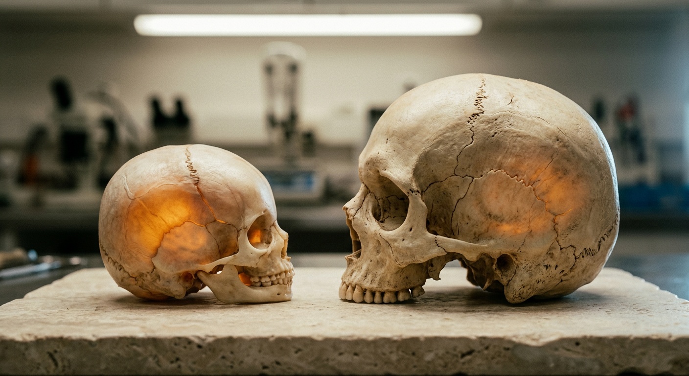 Adult male skull versus infant skull showing difference in RF electromagnetic energy absorption depth -- infant skull absorbs approximately twice the RF energy due to thinner bone and higher brain tissue water content
