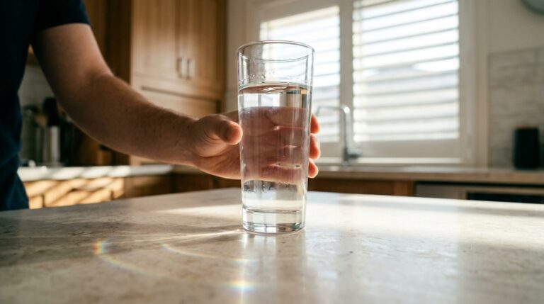 Clear glass of tap water on a pale stone bench in a coastal Australian kitchen, morning light casting prismatic light through the glass