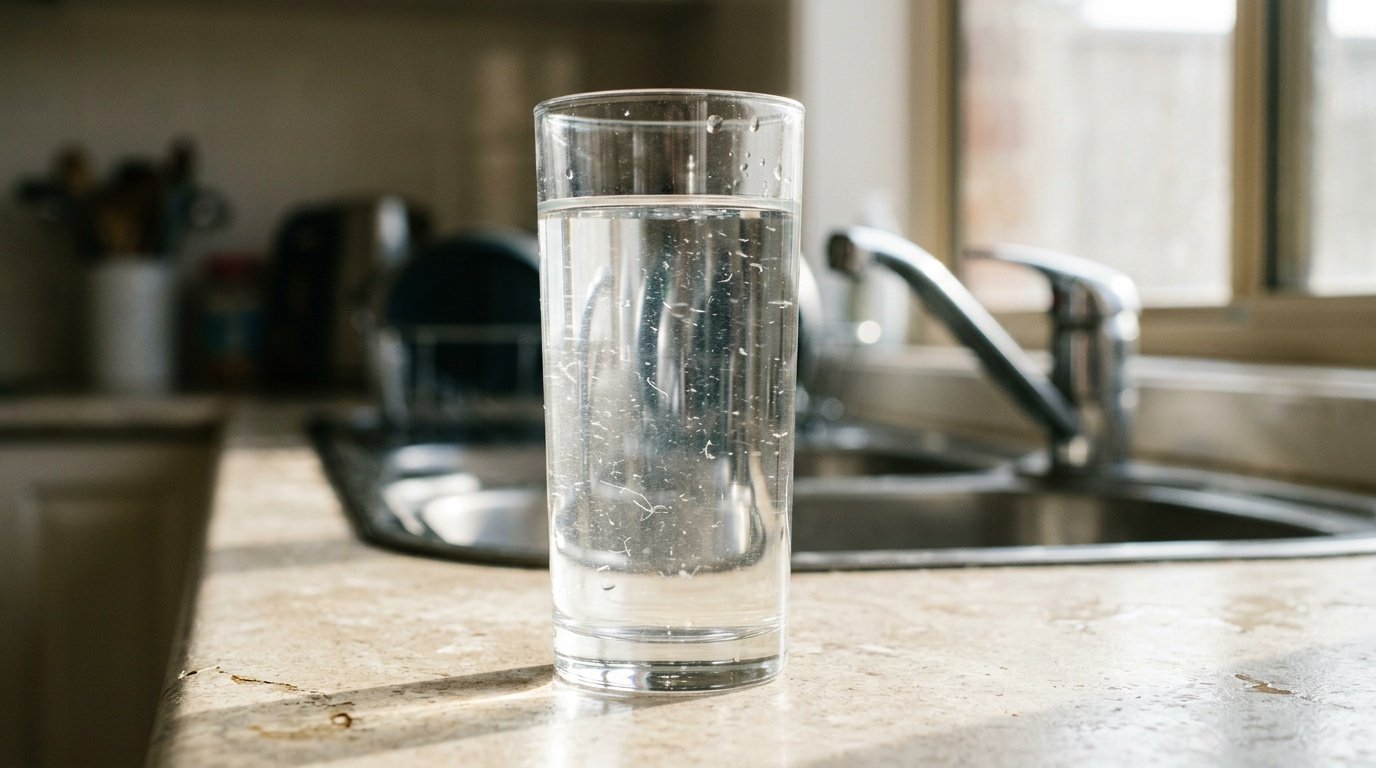 Sunlight reveals suspended microplastic fibres drifting through a glass of Australian tap water -- particles in the 1-5 micrometre range present in most mains water supplies tested