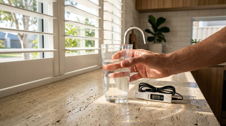 Perth tap water quality 2026 -- glass of filtered water with TDS meter on stone bench, Western Australian home kitchen