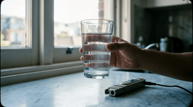 Glass of Sydney tap water under morning light — PFAS contamination 2025