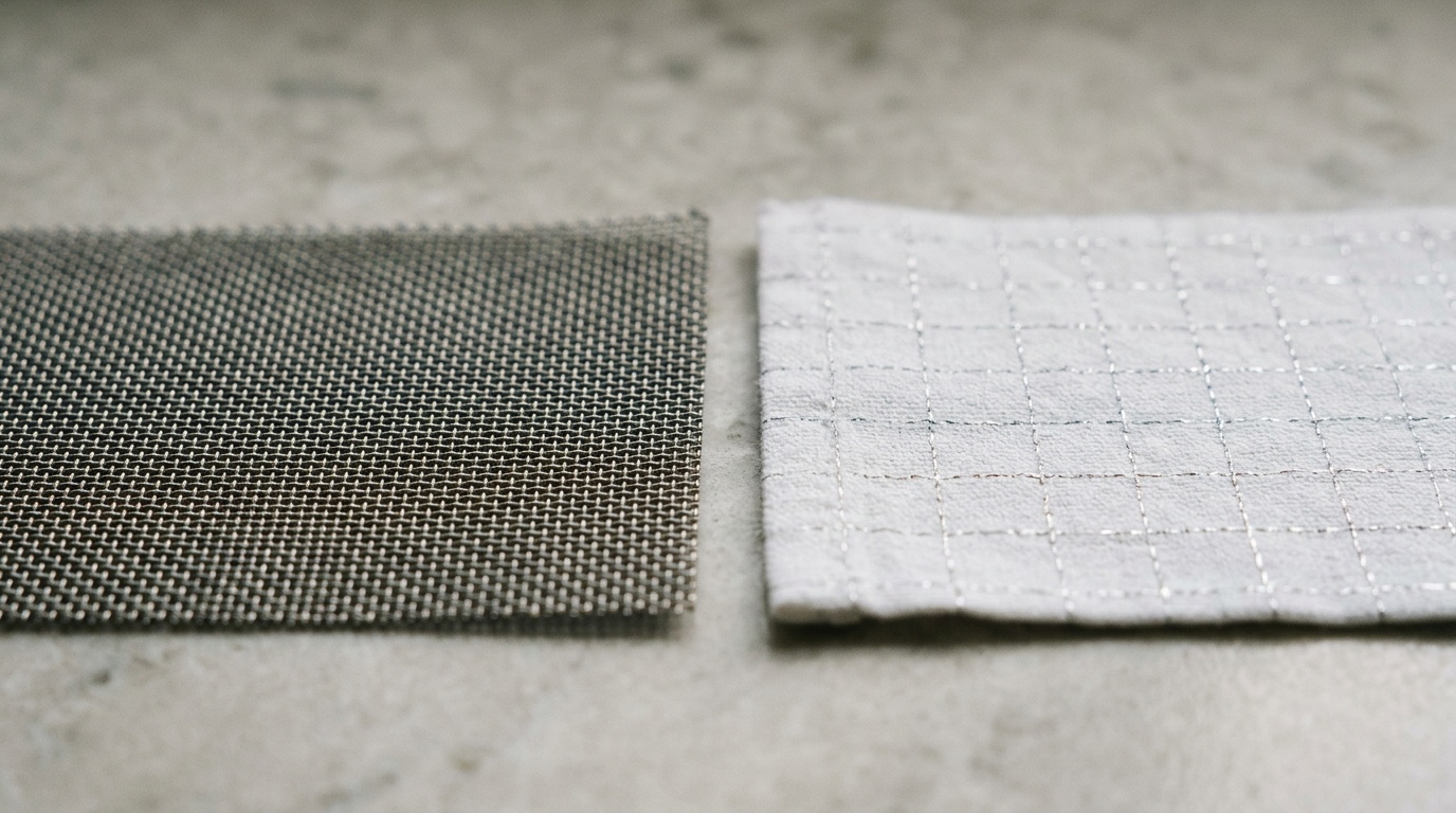 Premium Grounding vs Earthing Oz material comparison: dark grey stainless steel mesh fabric (Premium Grounding) versus white silver-threaded cotton fabric (Earthing Oz) showing the material quality difference between the two earthing brands