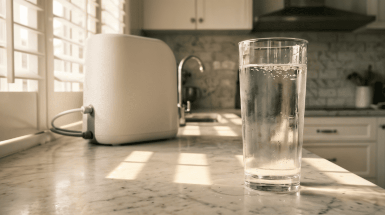 Crystal-clear filtered water from countertop RO unit on Queensland kitchen bench — safe drinking water during pregnancy
