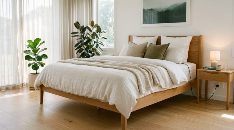 Premium Grounding white earthing sheet as fitted underlay on queen bed in modern Australian bedroom with grounding cord running to 3-pin wall socket
