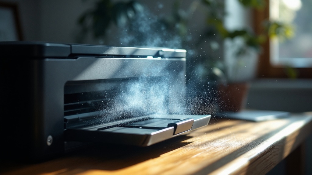 Laser printer emitting ultrafine particles during a print job — particles visible in backlit window light in Australian home office