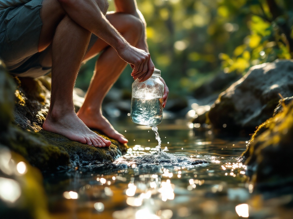 Man with bare feet collecting raw water from a natural stream into a glass jar
