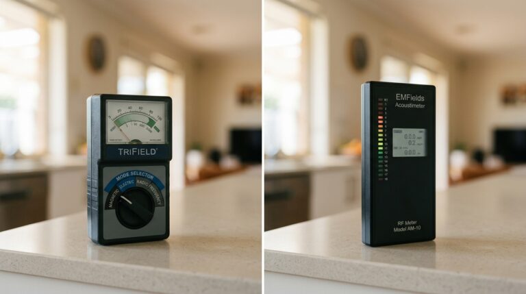 Left: TriField TF2 EMF meter with analog dial and mode selector. Right: Acoustimeter AM-10 RF meter with LED bar graph and LCD display. Both on stone bench in Australian home.