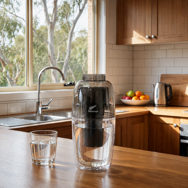 Waterman Black 600ml Portable Water Filter on kitchen bench Australia -- Clean and Native