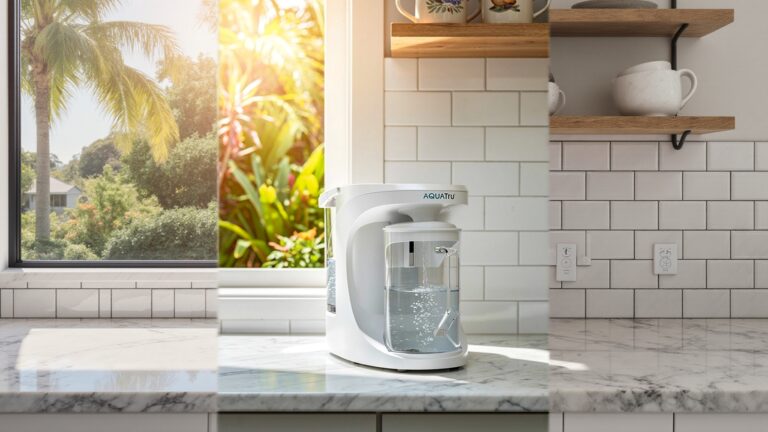 AquaTru Carafe water purifier on marble kitchen bench, Queensland morning light, tropical garden through window