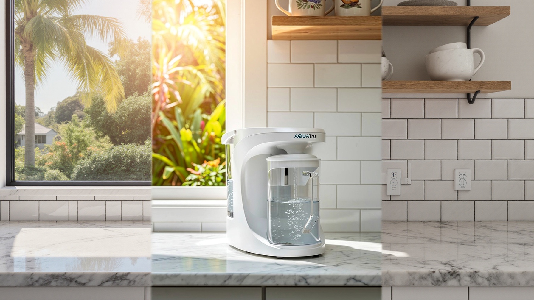 AquaTru Carafe water purifier on marble kitchen bench, Queensland morning light, tropical garden through window
