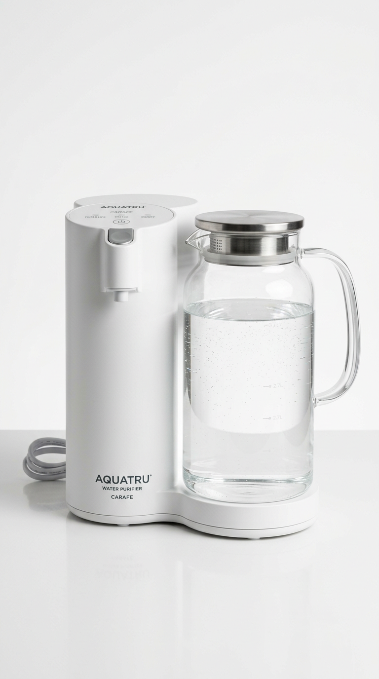 AquaTru Carafe countertop water purifier with glass carafe