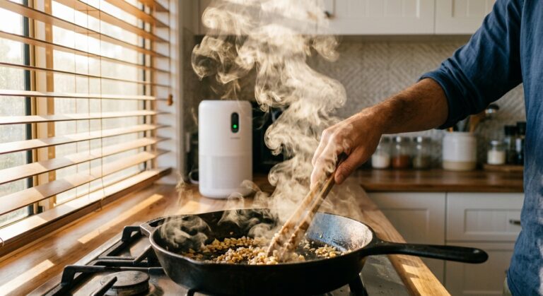 Best air purifier for cooking smells Australia — steam rising from a cast-iron pan in an Australian kitchen with a HEPA air purifier in the background