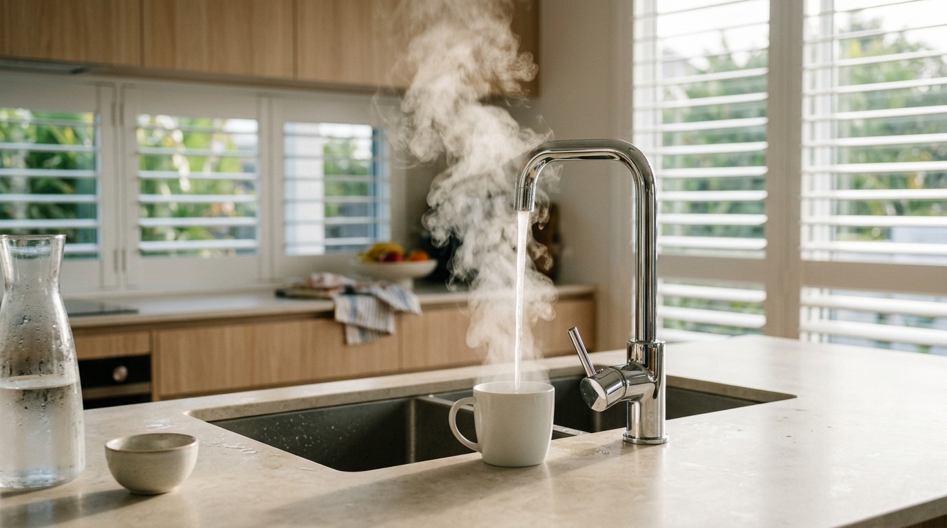 Instant boiling filtered water tap dispensing into ceramic cup — Australian coastal kitchen morning light