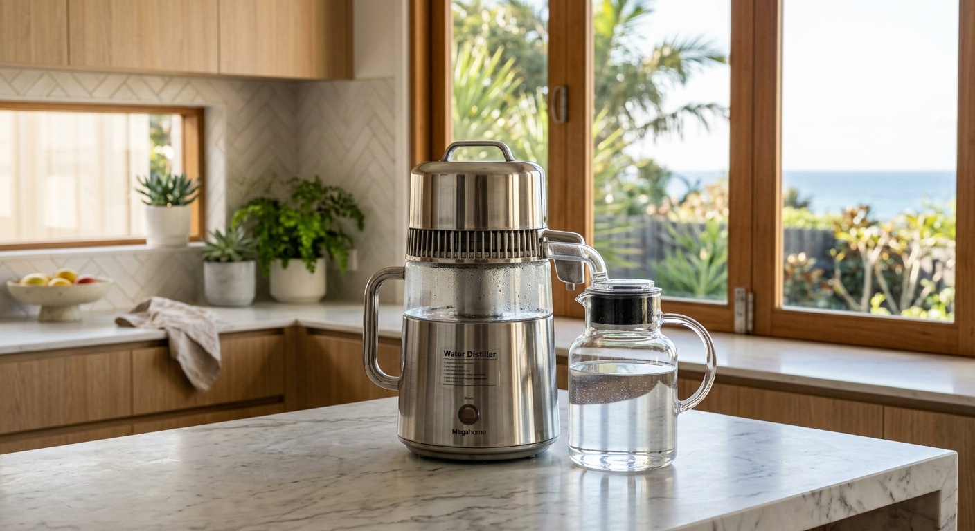 Best water distillers Australia 2026 — Megahome MH943S on marble kitchen bench with glass jug, coastal Queensland morning light