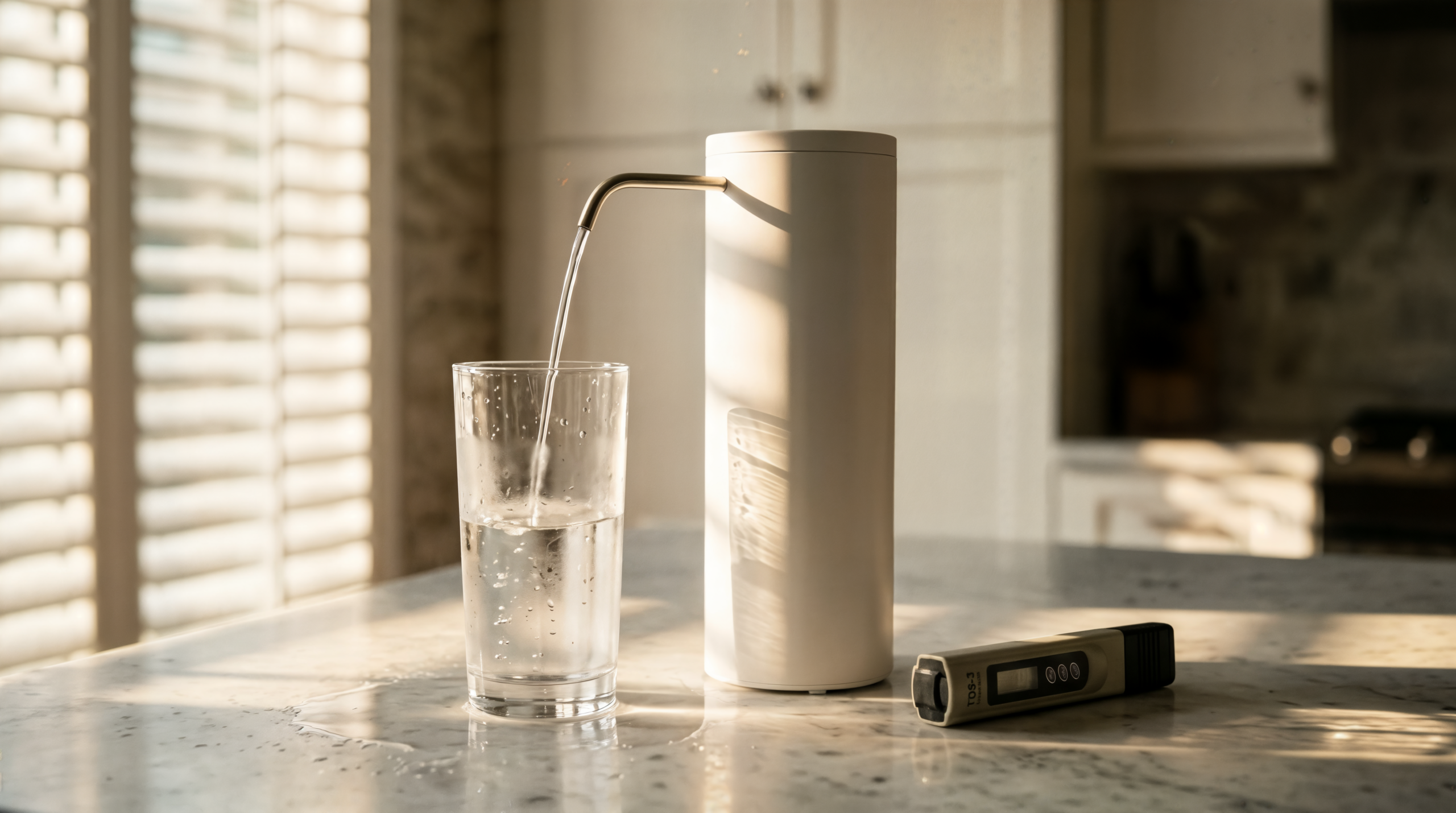 Water filter removing fluoride — glass of clean filtered water beside a countertop RO unit in a coastal Queensland kitchen, morning light