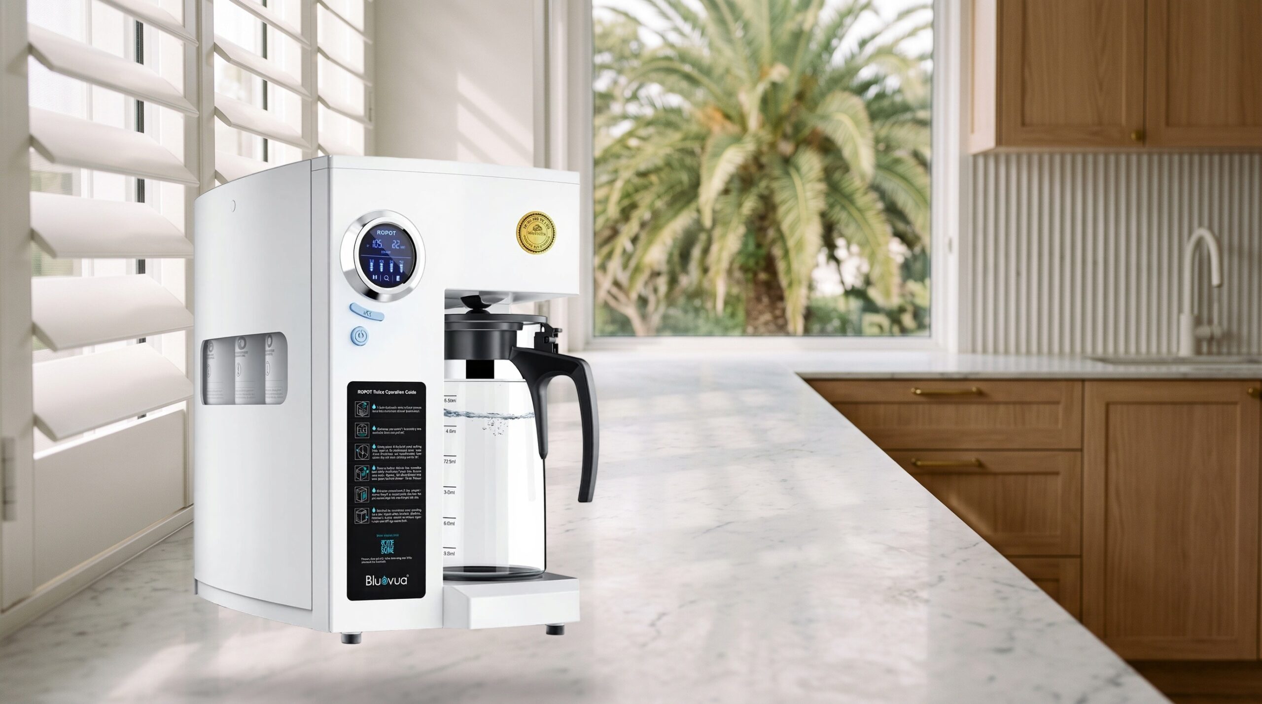 Bluevua RO100ROPOT countertop RO water filter with glass carafe on Carrara marble bench, plantation shutters and palm tree in background