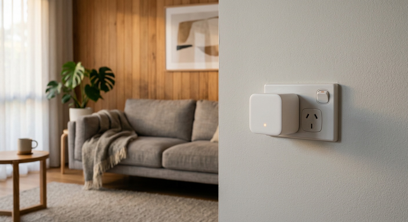 Blushield active EMF protection device plugged into wall in modern Australian home — soft ambient lighting