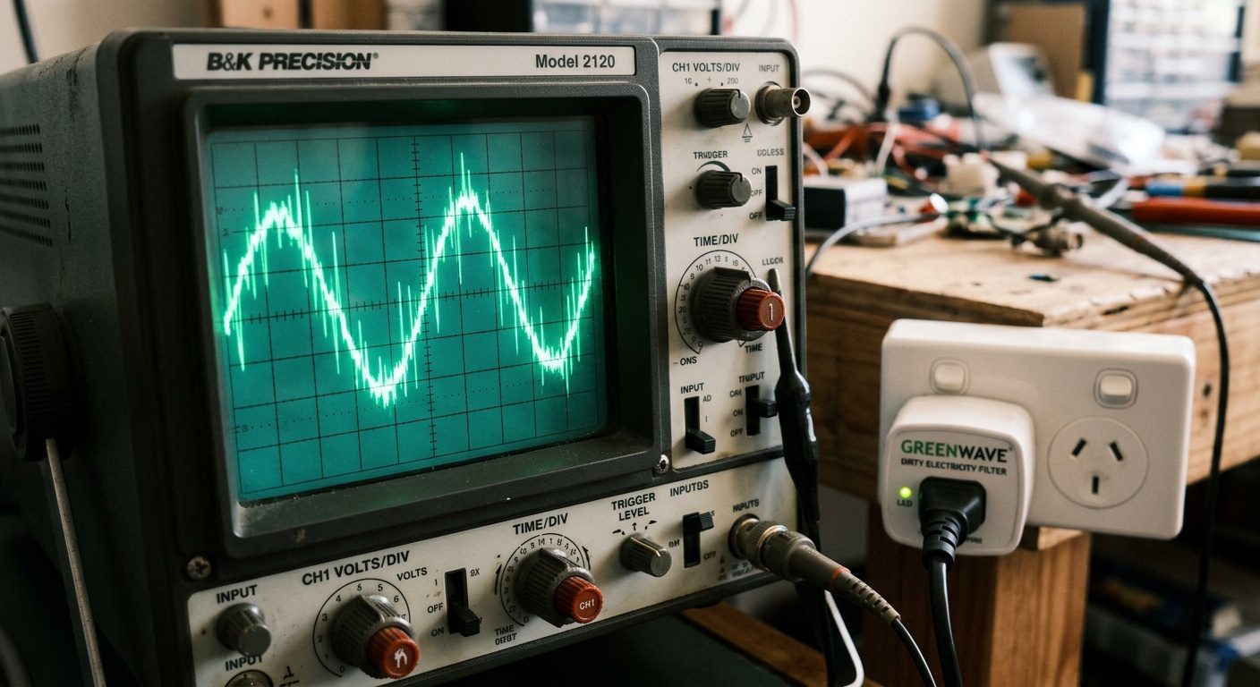 Dirty electricity filters Australia 2026 — oscilloscope showing power line EMI