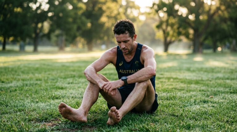 Athlete standing barefoot on morning grass for earthing and recovery