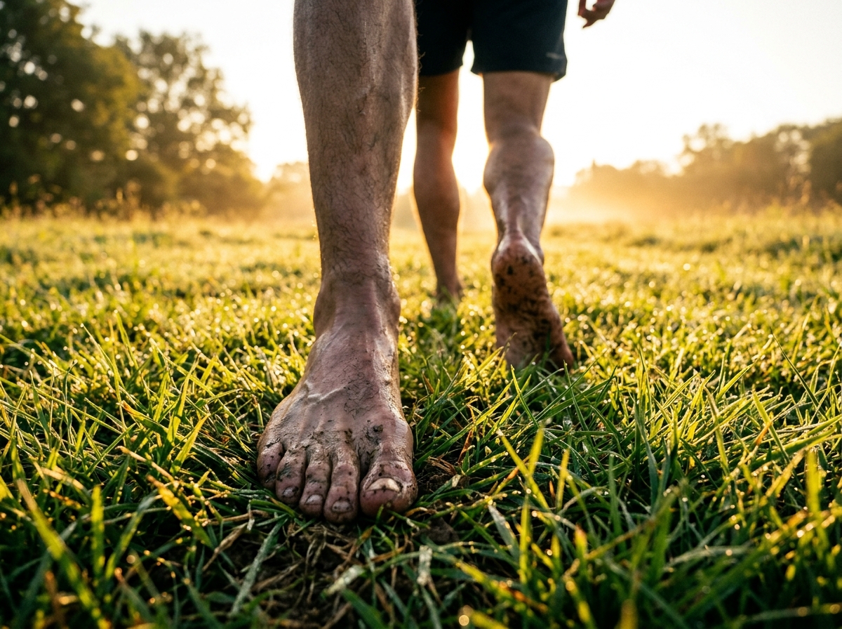 Bare feet on dewy morning grass — direct earthing contact used in recovery research
