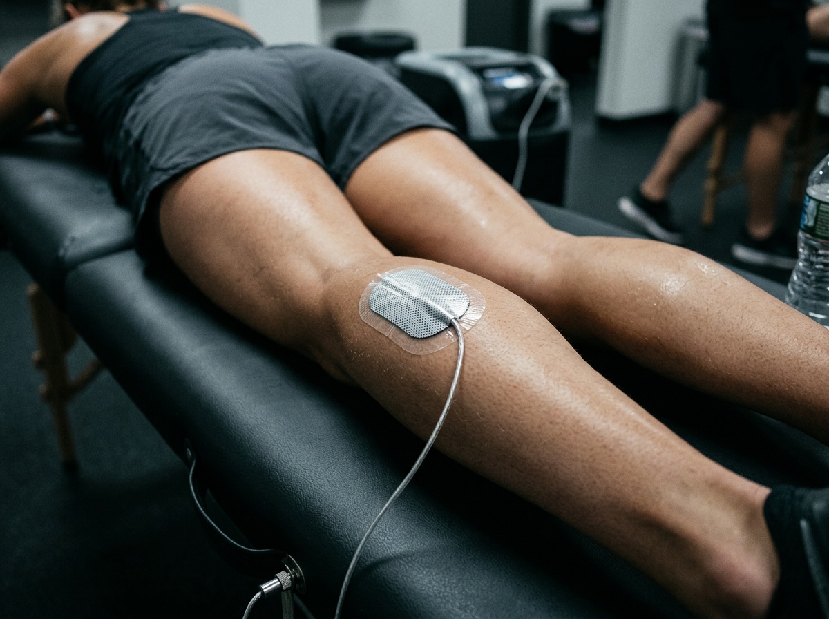 Grounding conductive patch on athlete's calf — replicating the Brown et al. 2010 earthing protocol