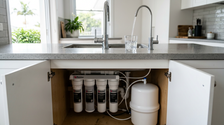 EcoHero 5-Stage reverse osmosis under-sink water filter installed in Australian kitchen — filter canister, storage tank, and dedicated faucet visible