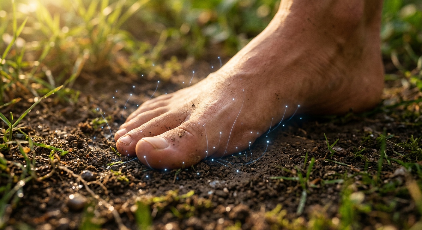 Free electrons rising from earth soil into a bare foot, illustrating the electron transfer theory of earthing