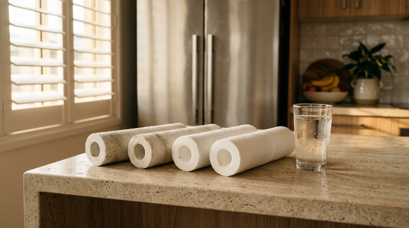 Fridge water filter cartridges on pale stone kitchen bench Australia