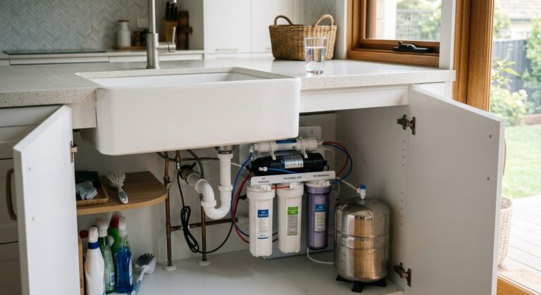 Frizzlife PD600 under-sink reverse osmosis system installed in Australian kitchen — tankless RO with alkaline remineralisation