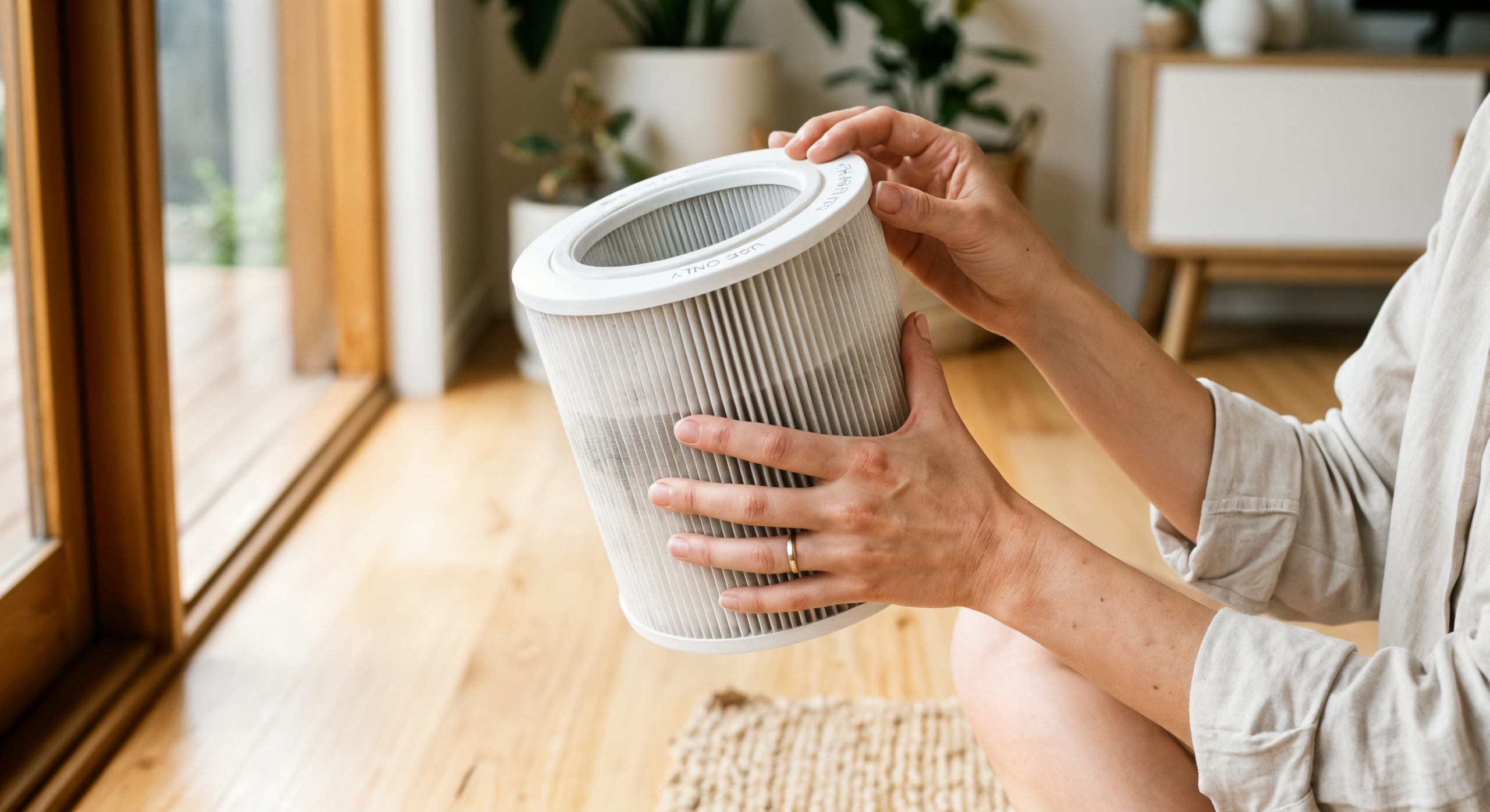 Hands holding a cylindrical HEPA filter in a sunlit Australian home -- HEPA certification explained