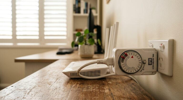 HPM analogue outlet timer connected to Wi-Fi router on timber desk, Australian home office