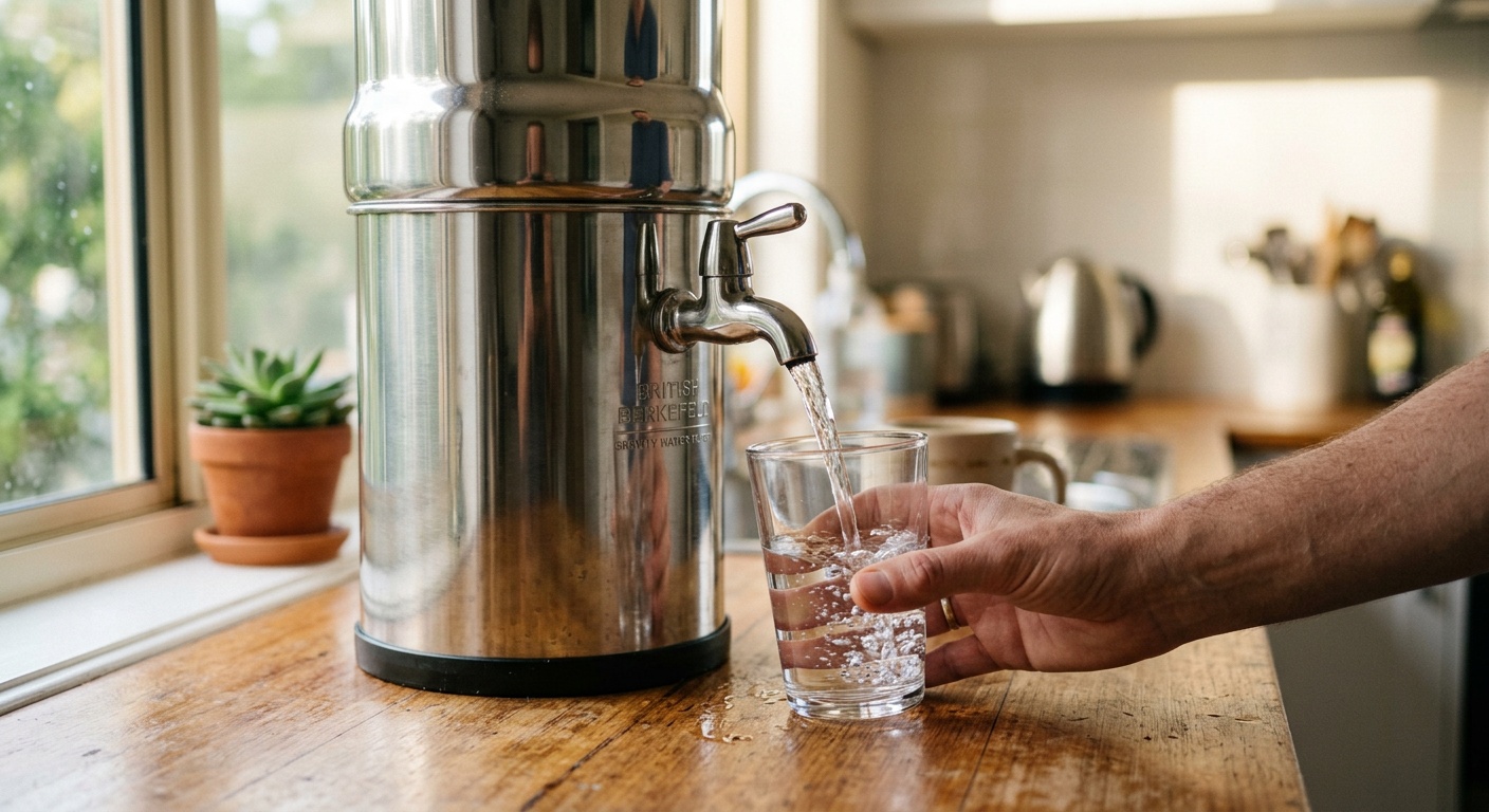 British Berkefeld stainless steel gravity water filter with water pouring into glass, Australian kitchen