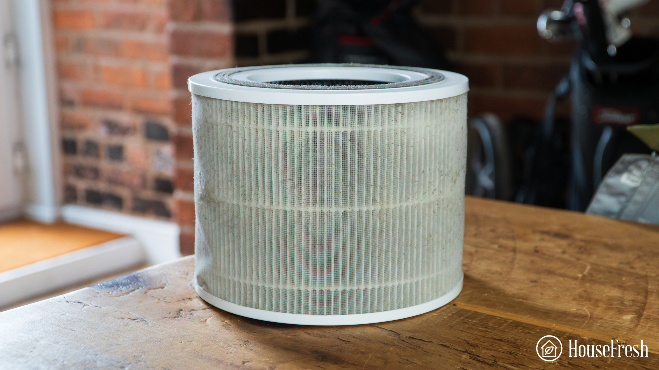 Used Levoit Core 300S HEPA filter after several months of use showing accumulated PM2.5 dust and particles embedded in the pleated media