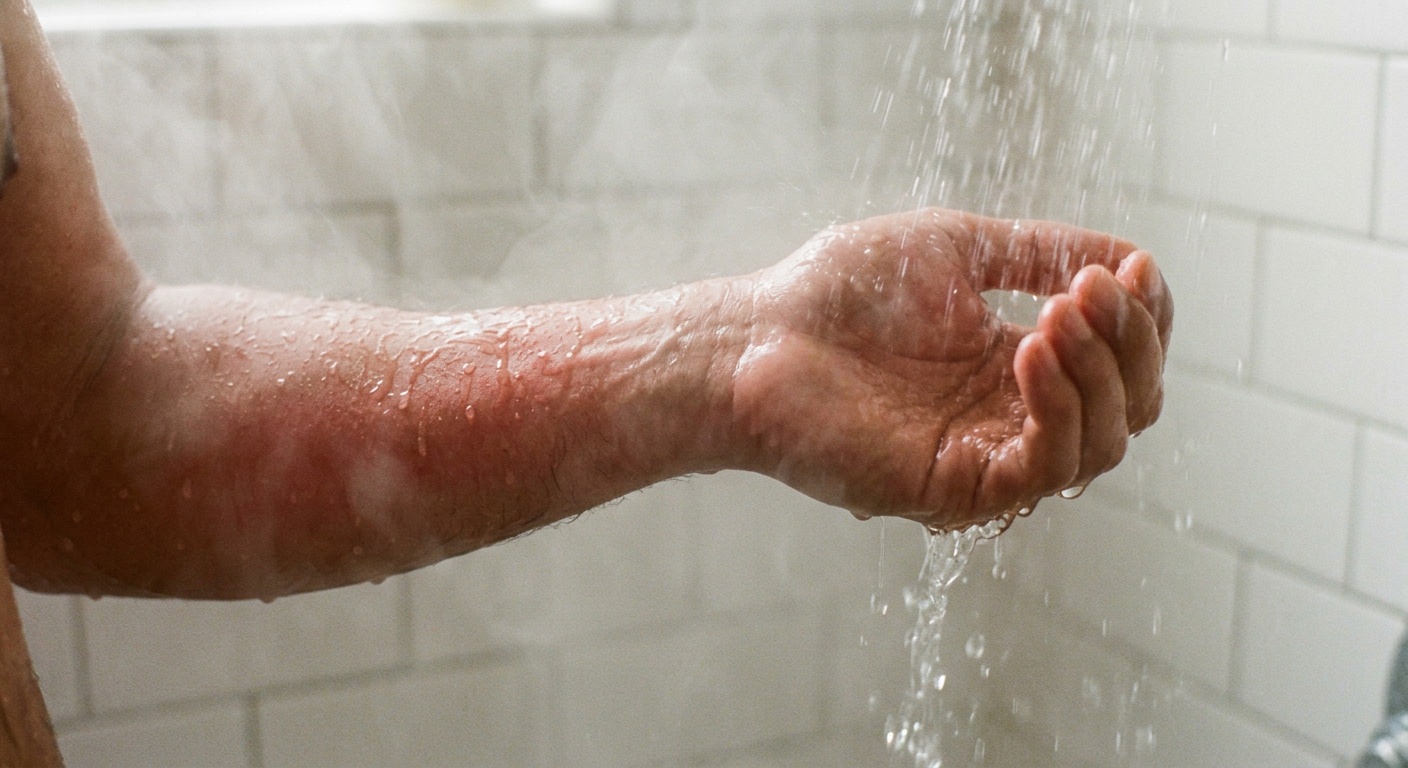 Hot shower water on flushed skin illustrating sebum stripping and filaggrin damage above 37 degrees Celsius