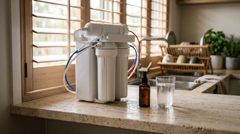 How to remineralise RO water Australia -- mineral drops, inline filter stage and AquaTru Smart Alkaline on coastal Queensland kitchen bench